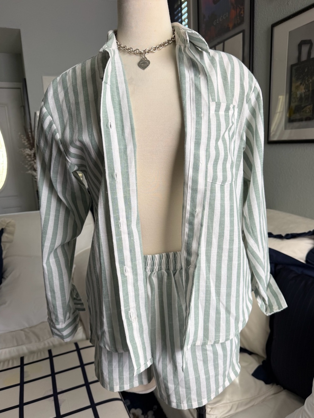 Mint green and White Striped Top & shirt set